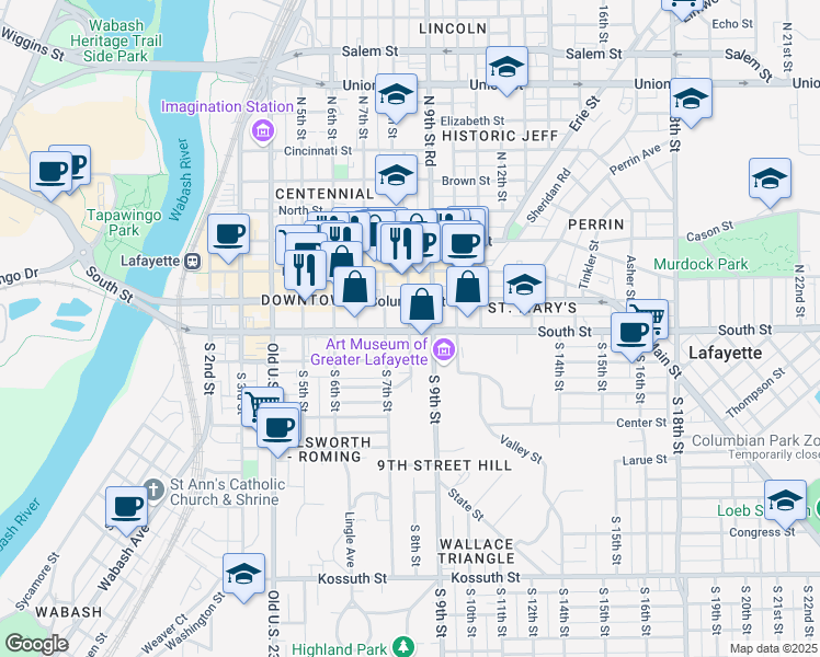 map of restaurants, bars, coffee shops, grocery stores, and more near 760 South Street in Lafayette
