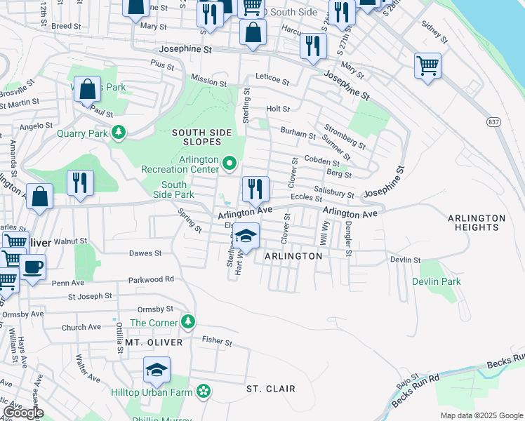map of restaurants, bars, coffee shops, grocery stores, and more near Arlington Avenue & Eleanor Street in Allegheny