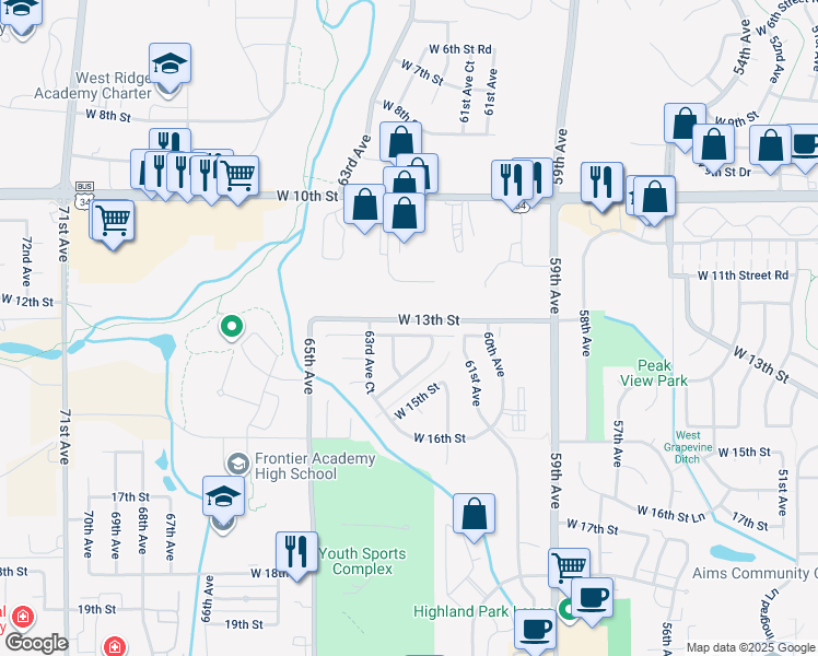 map of restaurants, bars, coffee shops, grocery stores, and more near 6221 West 13th Street Road in Greeley