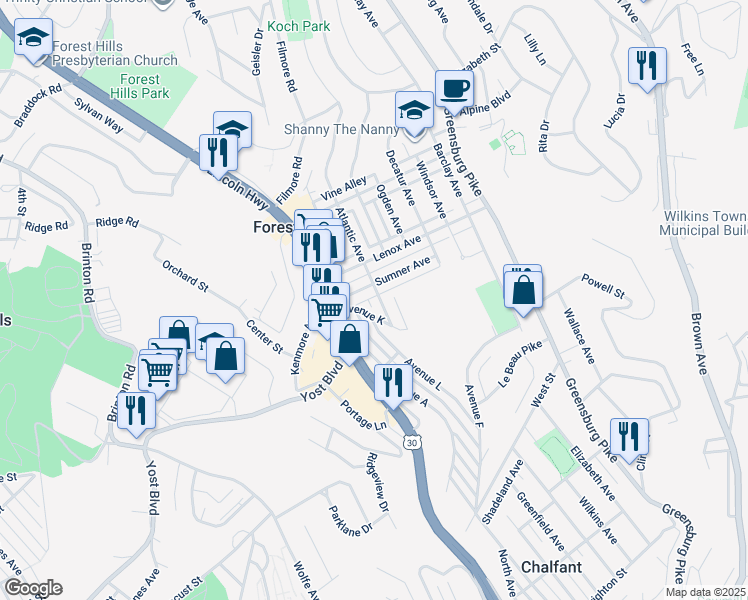 map of restaurants, bars, coffee shops, grocery stores, and more near 705 Atlantic Avenue in Pittsburgh