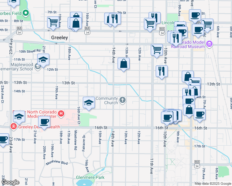 map of restaurants, bars, coffee shops, grocery stores, and more near 1326 14th Avenue in Greeley
