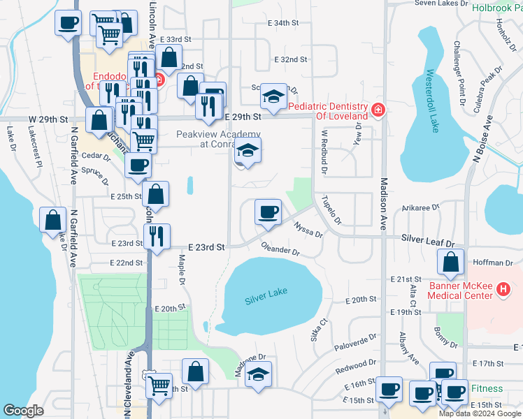 map of restaurants, bars, coffee shops, grocery stores, and more near 2456 Oleander Court in Loveland