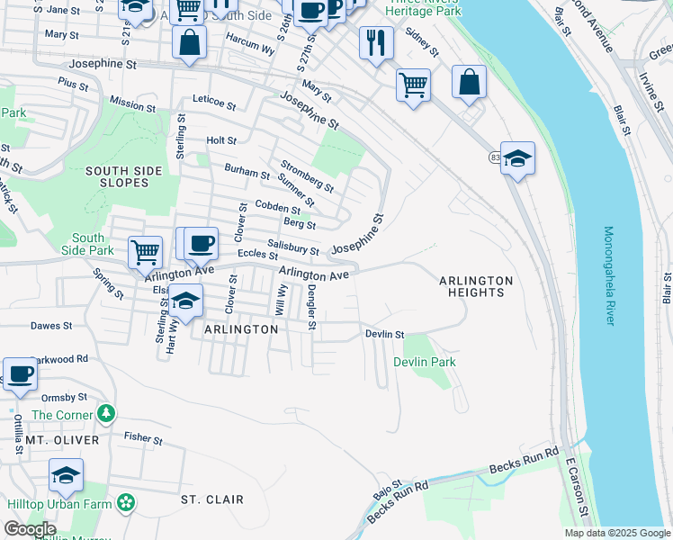 map of restaurants, bars, coffee shops, grocery stores, and more near 2935 Arlington Ave in Pittsburgh