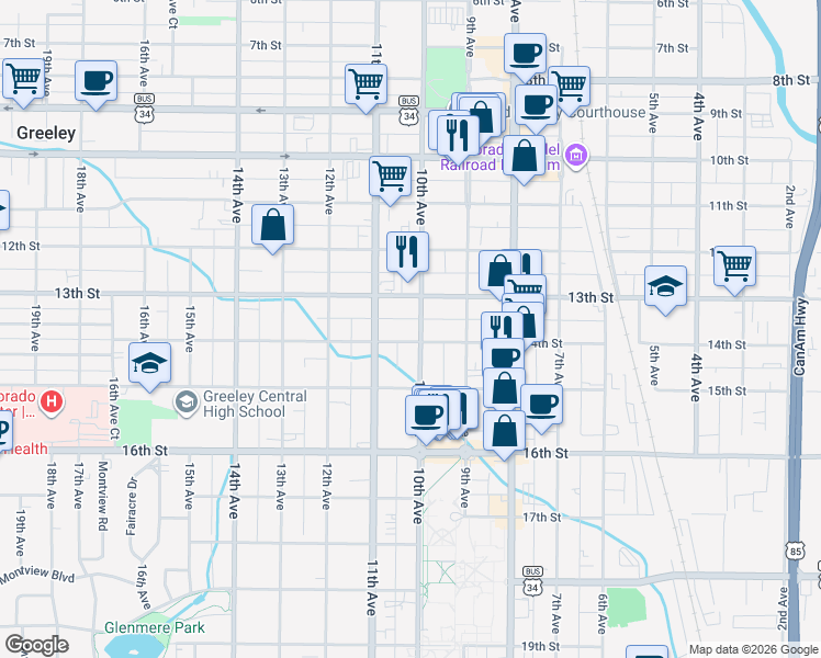 map of restaurants, bars, coffee shops, grocery stores, and more near 1019 14th Street in Greeley
