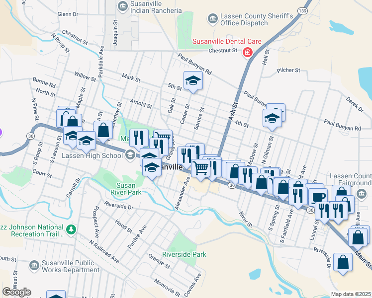 map of restaurants, bars, coffee shops, grocery stores, and more near 1415 1st Street in Susanville