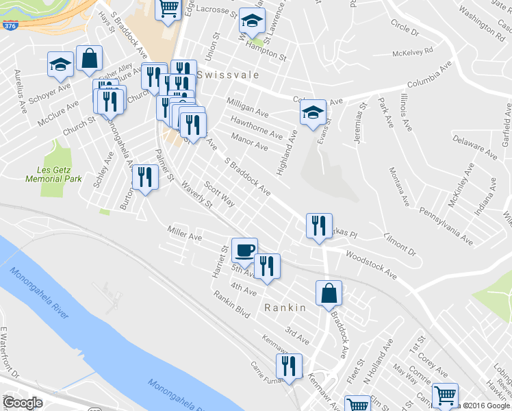 map of restaurants, bars, coffee shops, grocery stores, and more near 2415 Woodstock Avenue in Pittsburgh