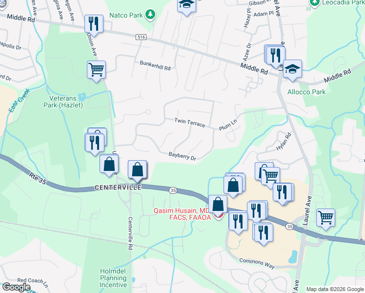 map of restaurants, bars, coffee shops, grocery stores, and more near 15 Green Leaf Way in Holmdel