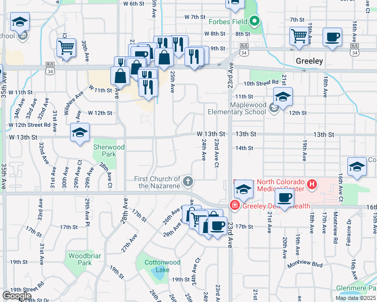 map of restaurants, bars, coffee shops, grocery stores, and more near 2428 W 14th St in Greeley