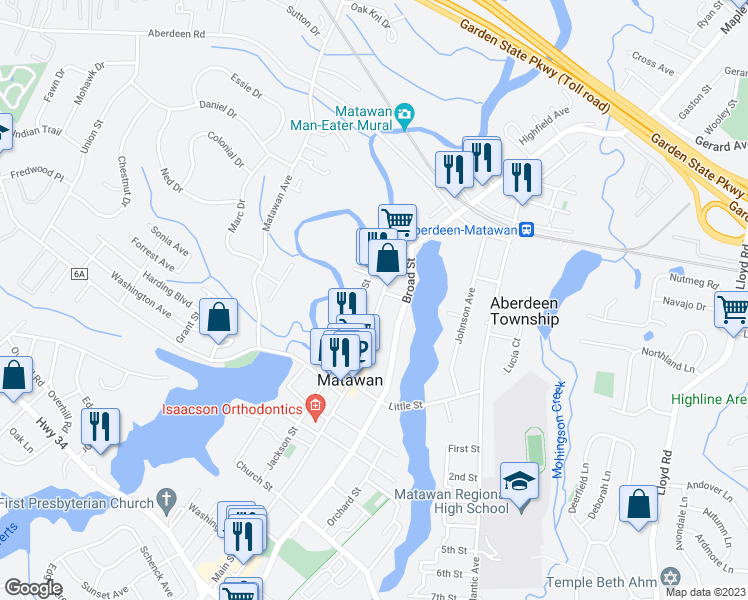 map of restaurants, bars, coffee shops, grocery stores, and more near 84 Main Street in Matawan