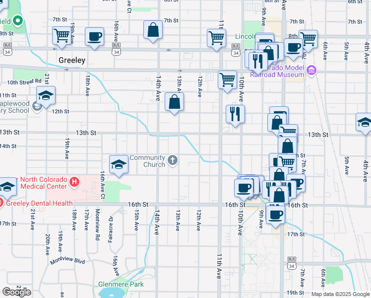 map of restaurants, bars, coffee shops, grocery stores, and more near 1301 14th Street in Greeley
