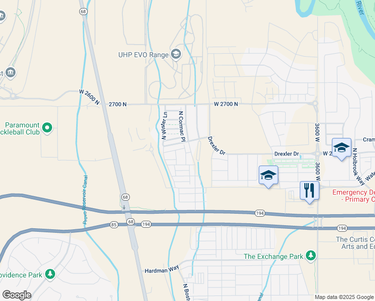 map of restaurants, bars, coffee shops, grocery stores, and more near 2436 Alesund Way in Lehi