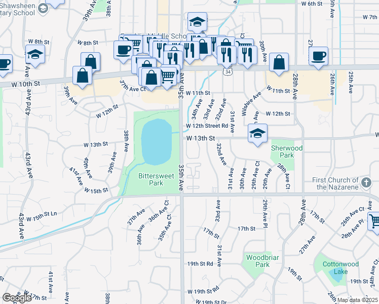 map of restaurants, bars, coffee shops, grocery stores, and more near 3420 West 13th Street in Greeley