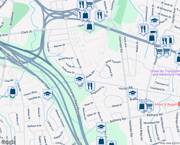 map of restaurants, bars, coffee shops, grocery stores, and more near 7 Bedle Road in Hazlet