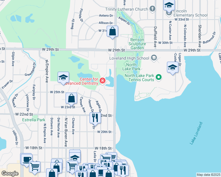 map of restaurants, bars, coffee shops, grocery stores, and more near 2520 Abarr Drive in Loveland
