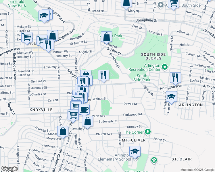 map of restaurants, bars, coffee shops, grocery stores, and more near 1786 Arlington Avenue in Pittsburgh