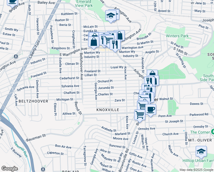 map of restaurants, bars, coffee shops, grocery stores, and more near 307 Sylvania Way in Pittsburgh