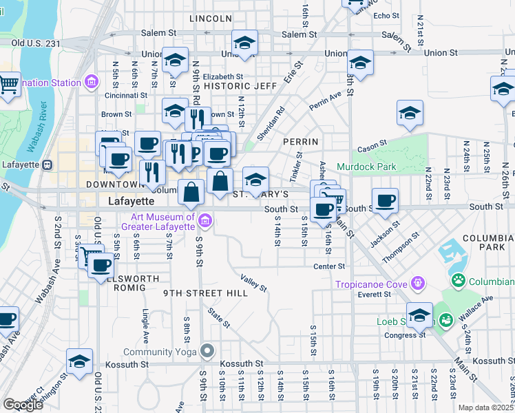 map of restaurants, bars, coffee shops, grocery stores, and more near 1212 South Street in Lafayette