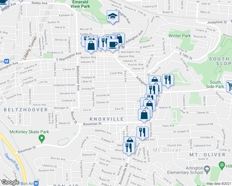 map of restaurants, bars, coffee shops, grocery stores, and more near 217 Jucunda Street in Pittsburgh