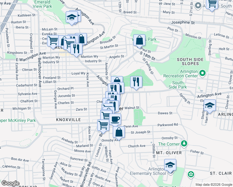 map of restaurants, bars, coffee shops, grocery stores, and more near 1630 Arlington Avenue in Pittsburgh