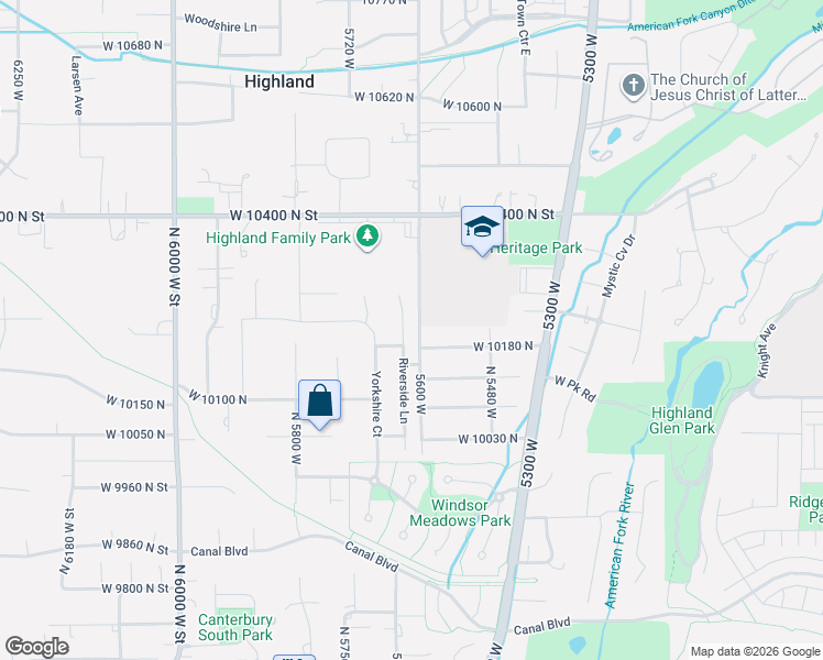 map of restaurants, bars, coffee shops, grocery stores, and more near 10216 North Riverside Lane in Highland