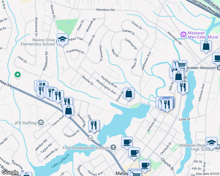 map of restaurants, bars, coffee shops, grocery stores, and more near 161 Washington Avenue in Matawan