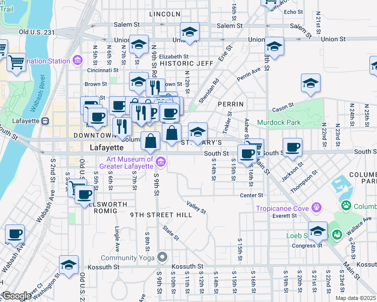map of restaurants, bars, coffee shops, grocery stores, and more near 1300 South Street in Lafayette