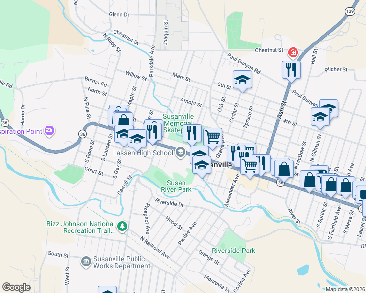 map of restaurants, bars, coffee shops, grocery stores, and more near 1107 Main Street in Susanville