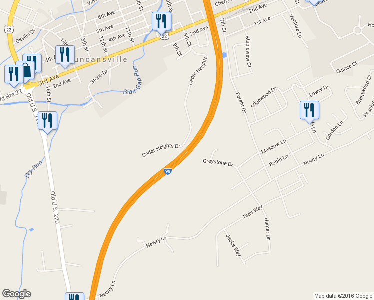 map of restaurants, bars, coffee shops, grocery stores, and more near Interstate 99 in Duncansville