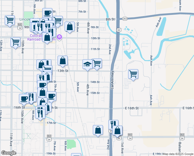 map of restaurants, bars, coffee shops, grocery stores, and more near 1323 3rd Avenue in Greeley