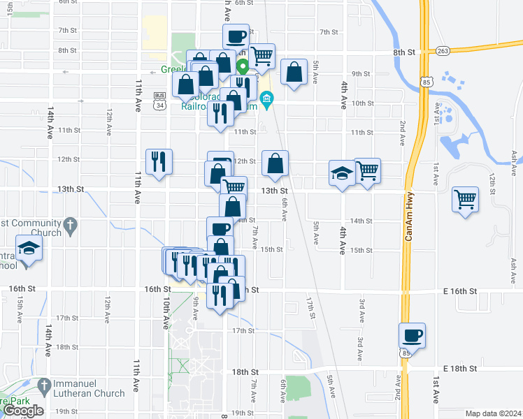 map of restaurants, bars, coffee shops, grocery stores, and more near 613 14th Street in Greeley