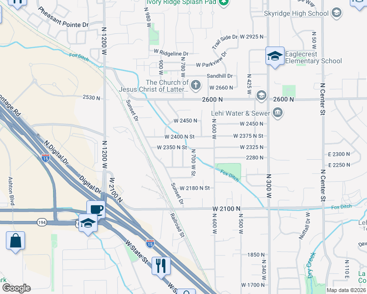 map of restaurants, bars, coffee shops, grocery stores, and more near 768 West 2350 North Street in Lehi