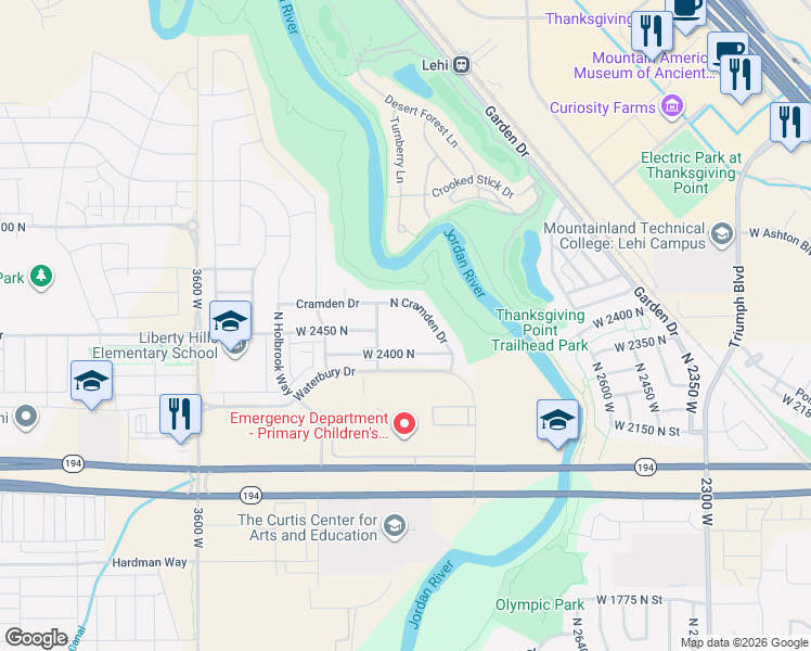 map of restaurants, bars, coffee shops, grocery stores, and more near 3052 West 2400 North in Lehi