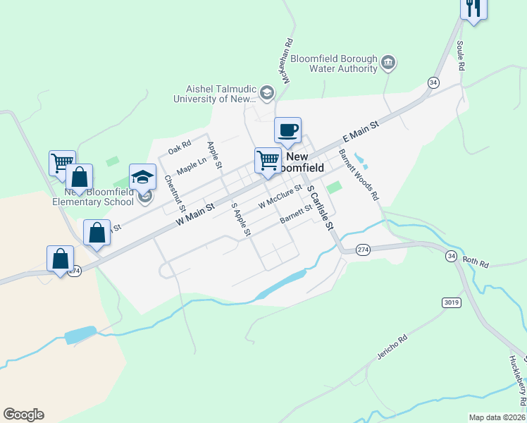 map of restaurants, bars, coffee shops, grocery stores, and more near 102 South Church Street in Duncannon