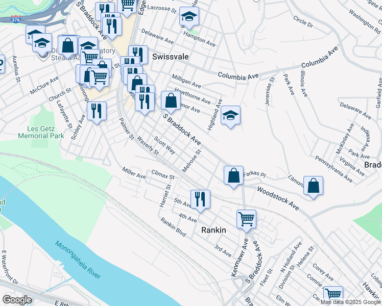 map of restaurants, bars, coffee shops, grocery stores, and more near 2415 Woodstock Avenue in Pittsburgh