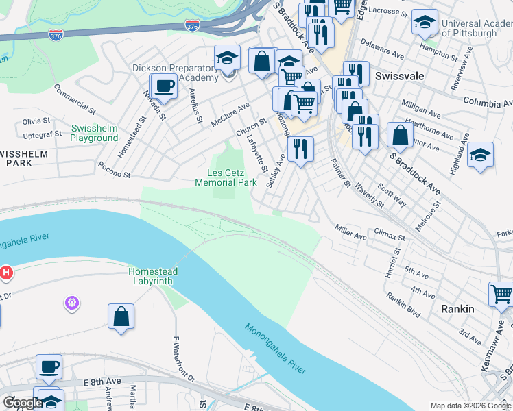 map of restaurants, bars, coffee shops, grocery stores, and more near 7217 Schley Avenue in Pittsburgh