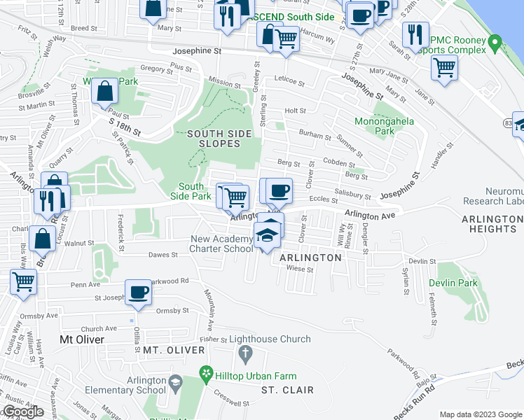 map of restaurants, bars, coffee shops, grocery stores, and more near 2233 Arlington Avenue in Pittsburgh