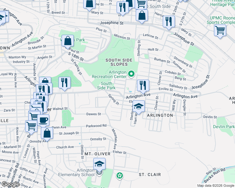 map of restaurants, bars, coffee shops, grocery stores, and more near 2110 Arlington Avenue in Pittsburgh