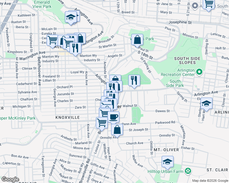 map of restaurants, bars, coffee shops, grocery stores, and more near 1630 Arlington Avenue in Pittsburgh