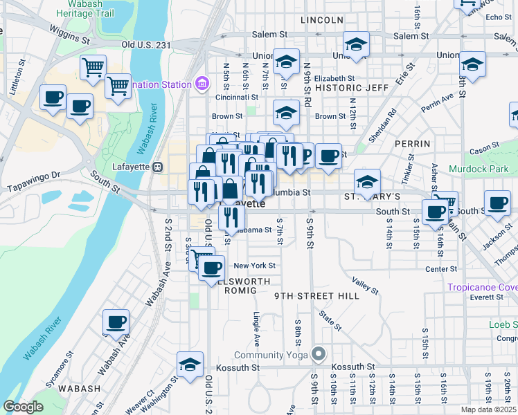 map of restaurants, bars, coffee shops, grocery stores, and more near in Lafayette