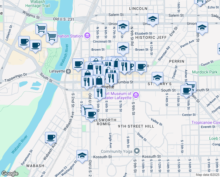 map of restaurants, bars, coffee shops, grocery stores, and more near in Lafayette