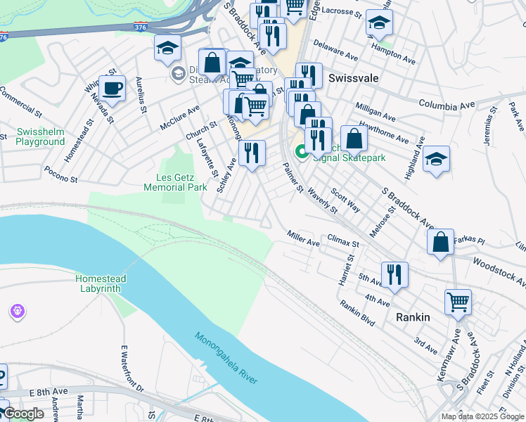map of restaurants, bars, coffee shops, grocery stores, and more near 7311 Agnes Street in Pittsburgh