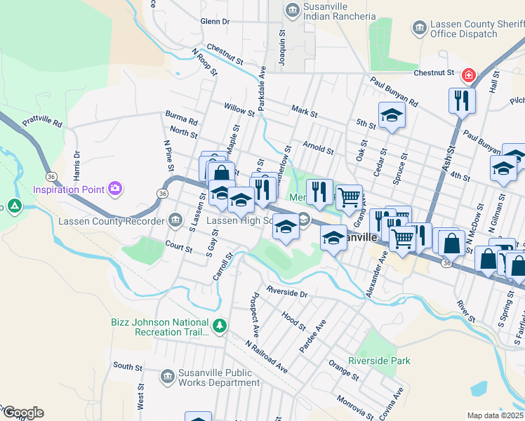 map of restaurants, bars, coffee shops, grocery stores, and more near 920 Main Street in Susanville