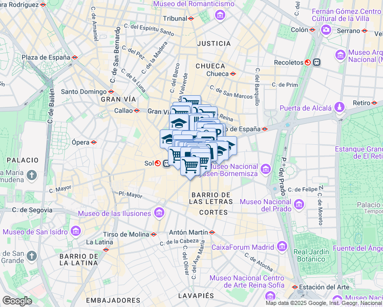 map of restaurants, bars, coffee shops, grocery stores, and more near 15 Calle de Alcalá in Madrid