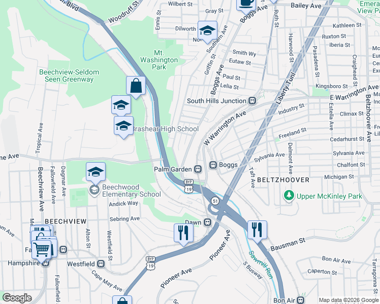 map of restaurants, bars, coffee shops, grocery stores, and more near 835 Boggs Avenue in Pittsburgh