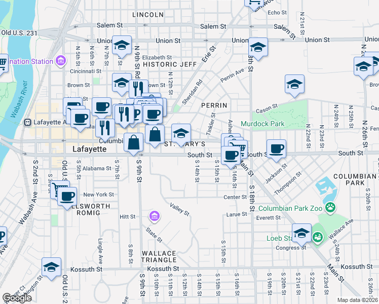 map of restaurants, bars, coffee shops, grocery stores, and more near in Lafayette
