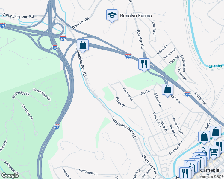 map of restaurants, bars, coffee shops, grocery stores, and more near 137 Huron Drive in Carnegie