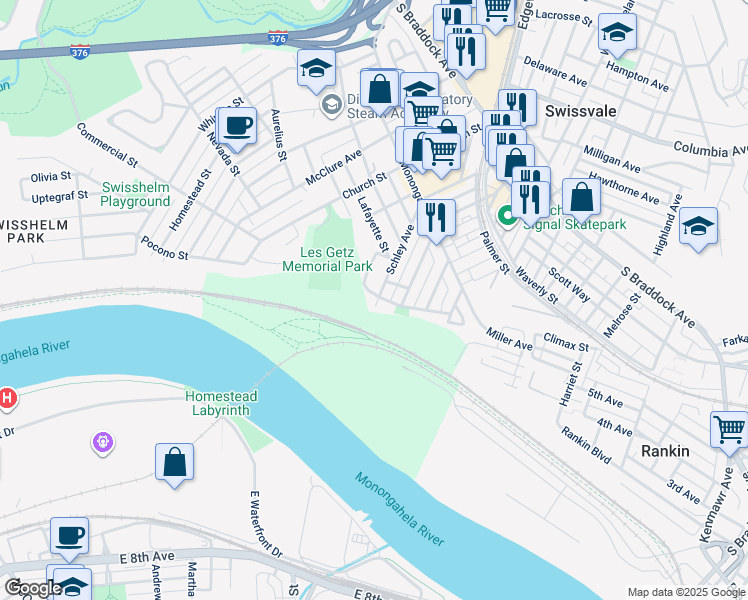 map of restaurants, bars, coffee shops, grocery stores, and more near 7217 Schley Avenue in Swissvale