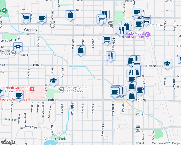 map of restaurants, bars, coffee shops, grocery stores, and more near 1315 12th Avenue in Greeley