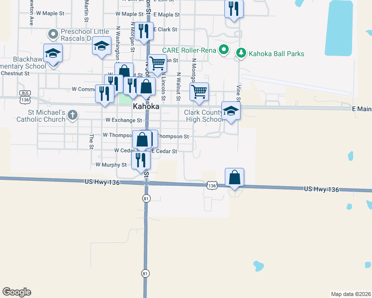 map of restaurants, bars, coffee shops, grocery stores, and more near 385 East Cedar Street in Kahoka
