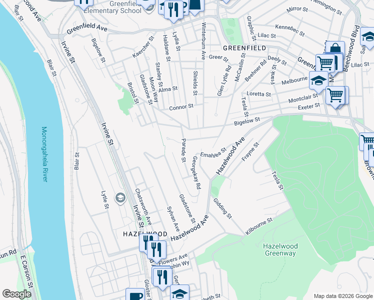 map of restaurants, bars, coffee shops, grocery stores, and more near 4509 Parade St in Pittsburgh